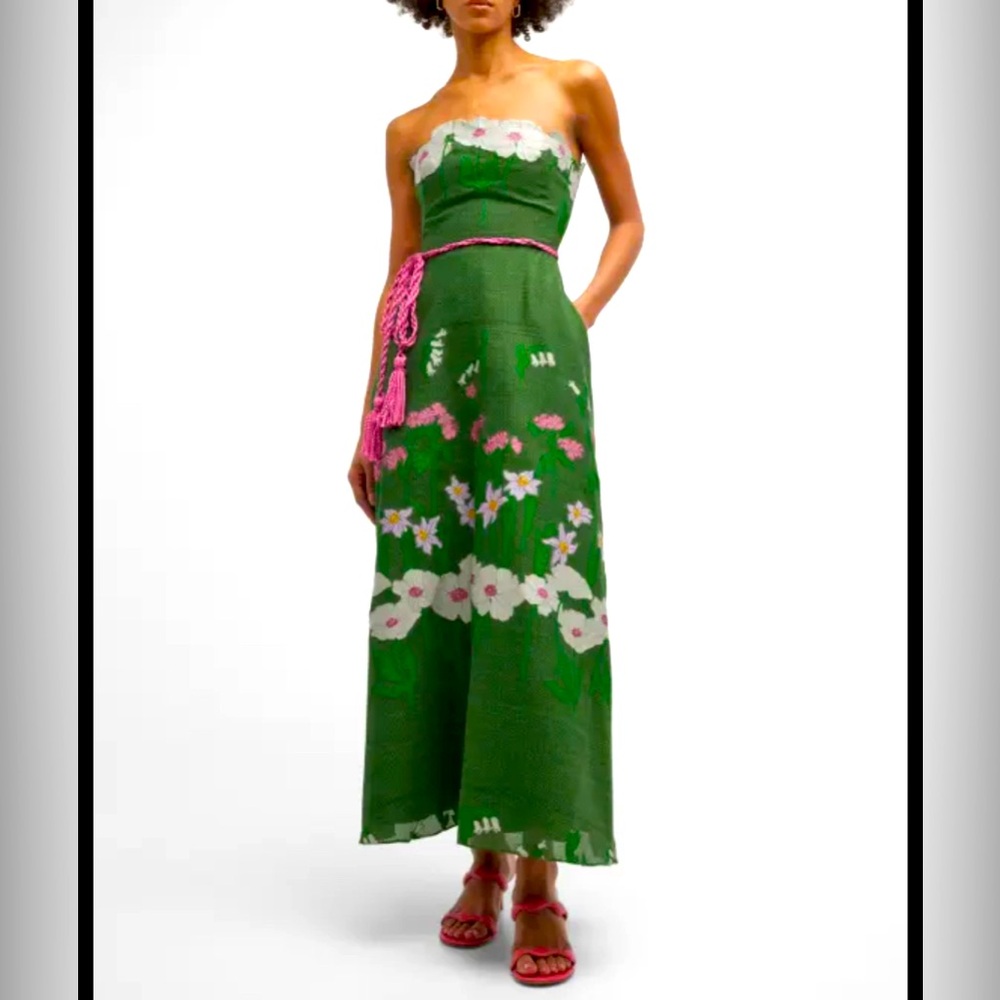 $2290 Lela Rose Women's Green Strapless Floral Applique Silk MIDI Dress Size 10